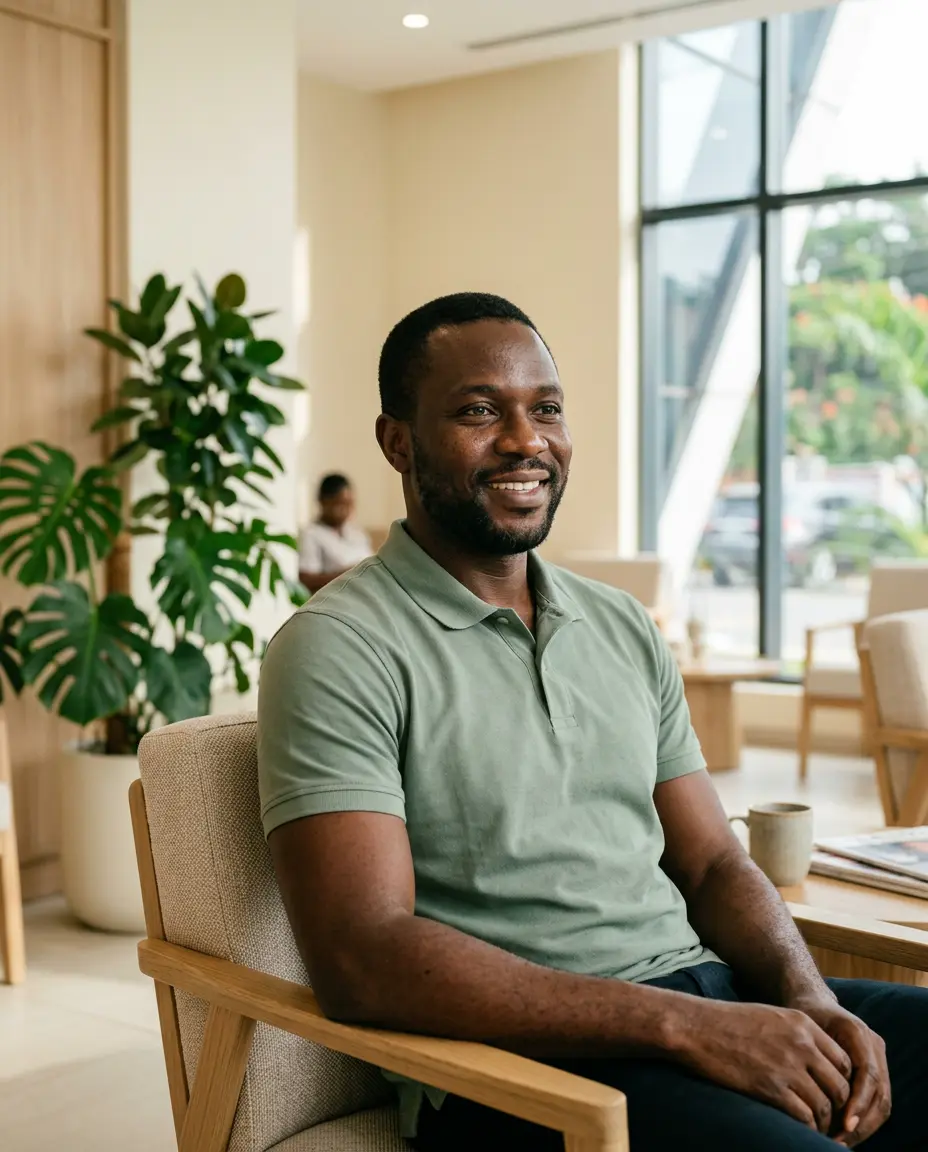 Illustrative portrait of a Nigerian man in a welcoming, contemporary clinic lounge