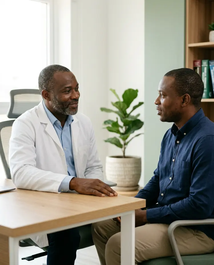 Illustrative Nigerian healthcare professional listening to an adult man during a consultation
